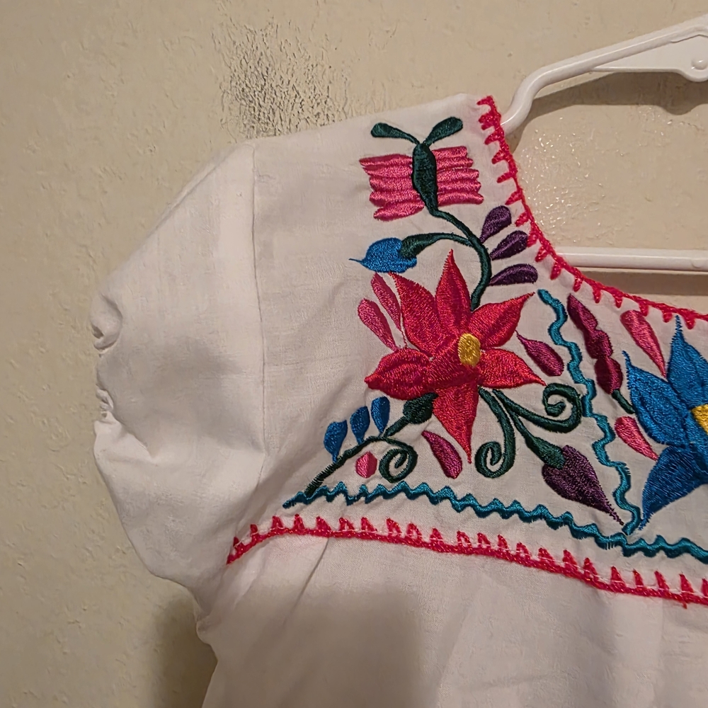 Mexican Colorful Floral Embroidered White Kids Blouse Size 4T - Picture 7 of 8